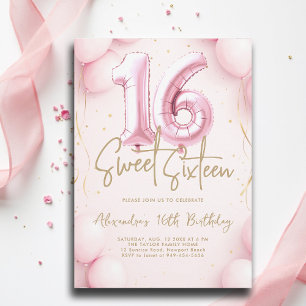 Balloons Girly Pink Calligraphy Elegant Sweet 16 Invitation