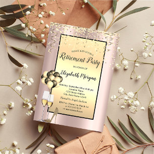 Balloons,Gold Confetti Rose Gold Retirement  Invitation