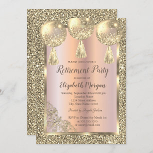 Balloons,Gold Frame,Rose Gold,Glitter Retirement Invitation