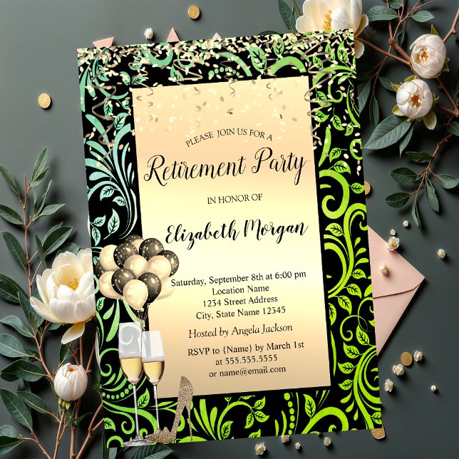 Balloons,Gold Swirls Green Retirement Invitation (Creator Uploaded)