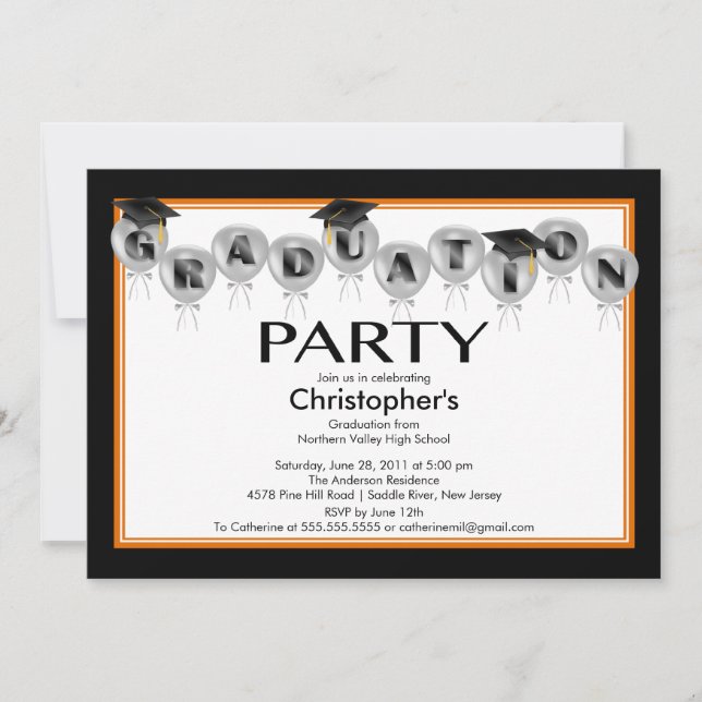 Balloons Graduation Party Invitation Black Cap (Front)