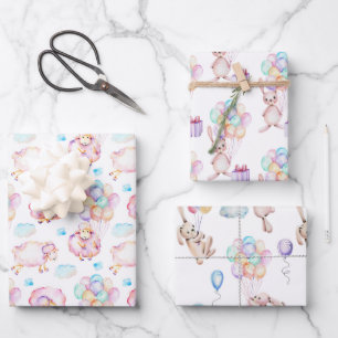 Balloons Lambs and Bunny Rabbits Pastel  Wrapping Paper Sheet