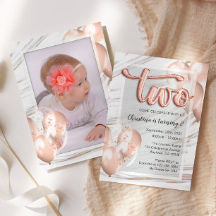 Balloons Letters Marble Rose Gold 2nd Birthday Invitation