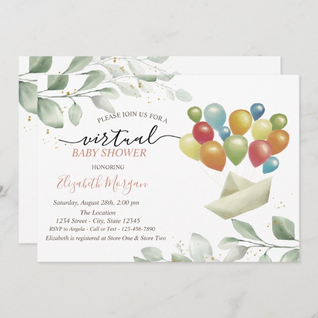 Balloons Mail Leaves Virtual Baby Shower Invitation (Front/Back)