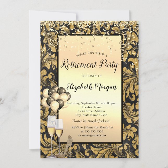 Balloons,Old Gold Swirls Black Retirement Invitation (Front)