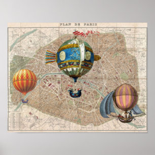 Balloons Over Paris Vintage France Map Poster