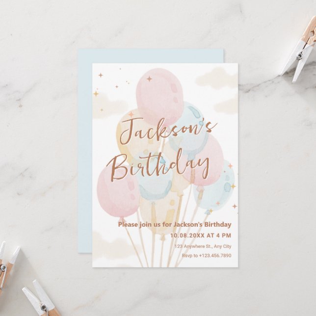 Balloons pastel watercolor birthday invitation (Front/Back In Situ)