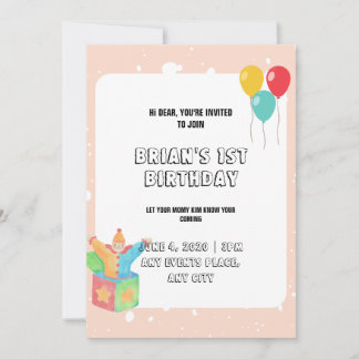 Balloons Pink Borders Baby Girl Toy 1st Birthday Invitation