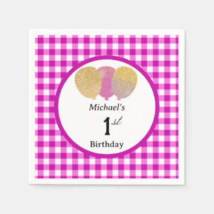 Balloons & Pink Gingham 1st Birthday Napkin