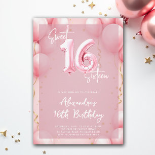 Balloons Pink Modern Calligraphy Elegant Sweet 16 Invitation