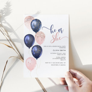 Balloons pink or blue Greenery gender reveal Invitation