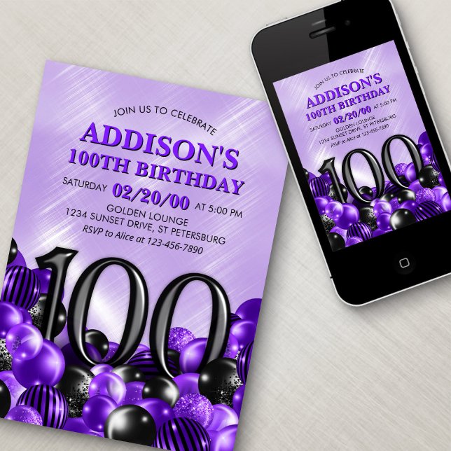 Balloons Purple 100th Birthday Invitation (Creator Uploaded)