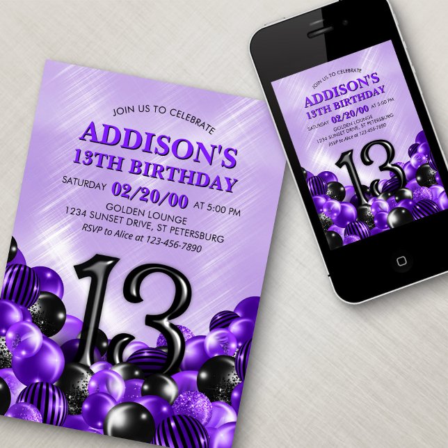 Balloons Purple 13th Birthday Invitation (Creator Uploaded)