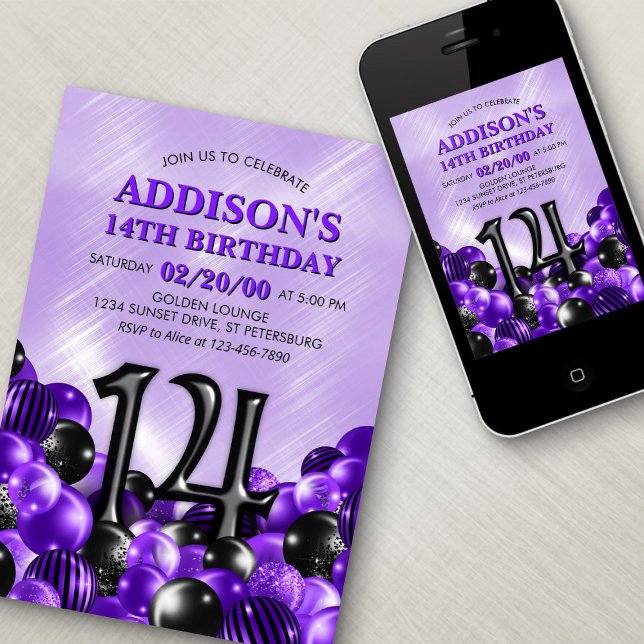Balloons Purple 14th Birthday Invitation (Creator Uploaded)