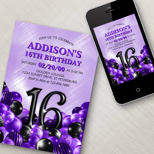 Balloons Purple 16th Birthday Invitation (Creator Uploaded)