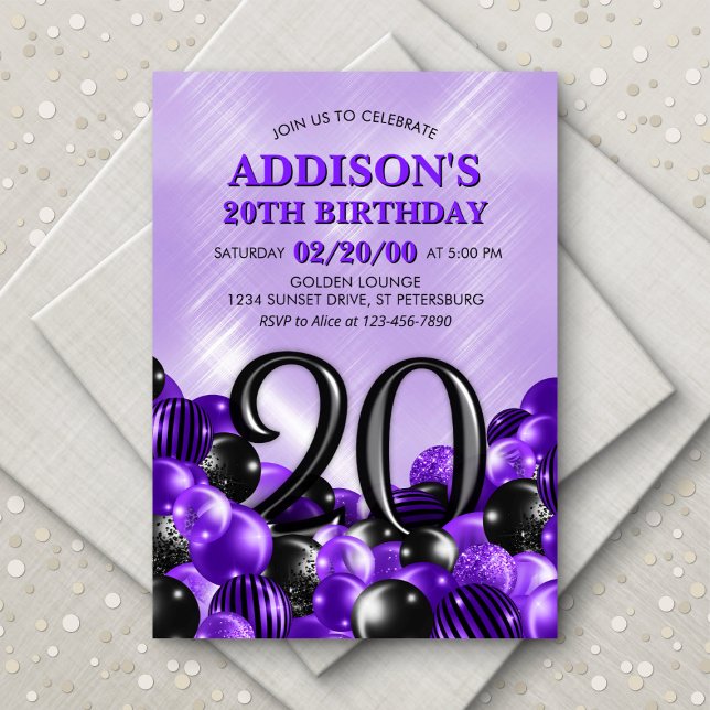 Balloons Purple 20th Birthday Invitation (Creator Uploaded)