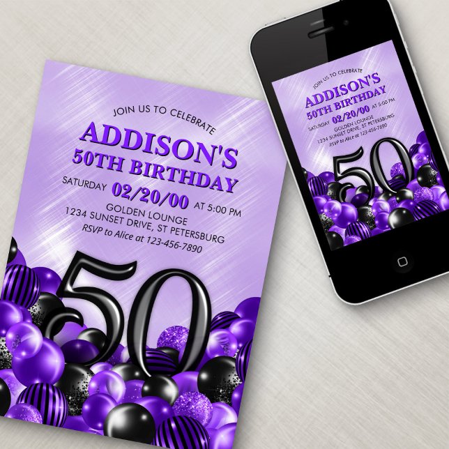 Balloons Purple 50th Birthday Invitation (Creator Uploaded)