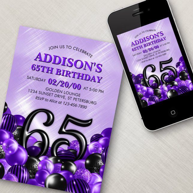 Balloons Purple 65th Birthday Invitation (Creator Uploaded)