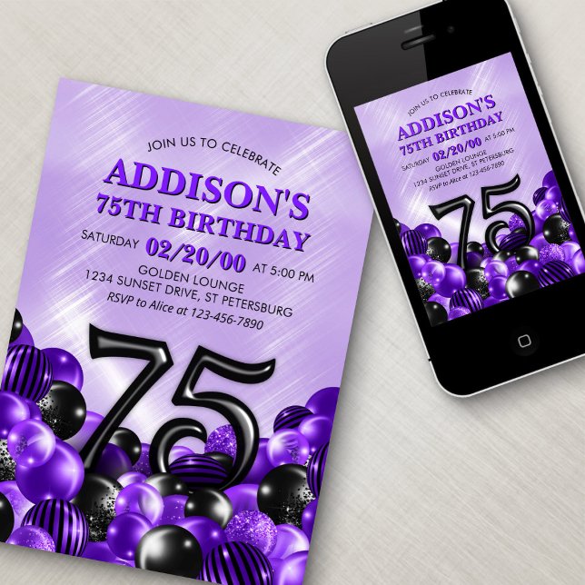 Balloons Purple 75th Birthday Invitation (Creator Uploaded)