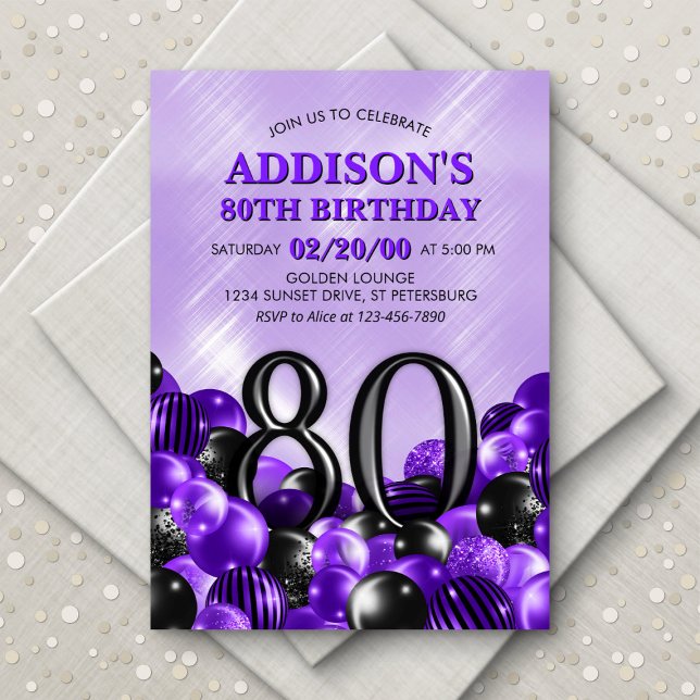 Balloons Purple 80th Birthday Invitation (Creator Uploaded)