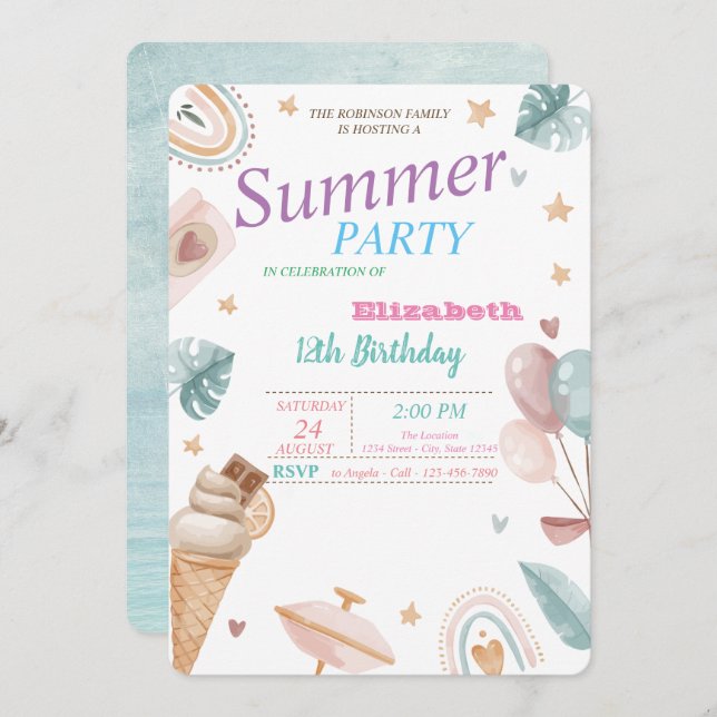 Balloons,Rainbow,Ice cream Summer Birthday Party   Invitation (Front/Back)