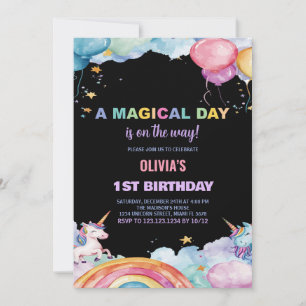 Balloons Rainbow Unicorn Birthday Invitations