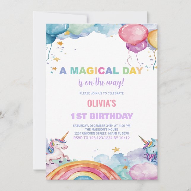 Balloons Rainbow Unicorn Birthday Invitations (Front)