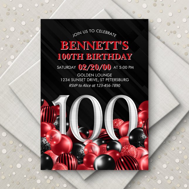 Balloons Red 100th Birthday Invitation (Creator Uploaded)