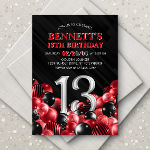 Balloons Red 13th Birthday Invitation