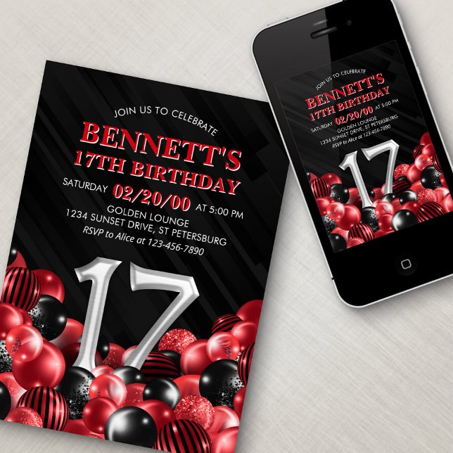 Balloons Red 17th Birthday Invitation (Creator Uploaded)