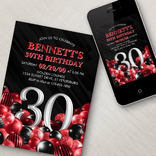 Balloons Red 30th Birthday Invitation