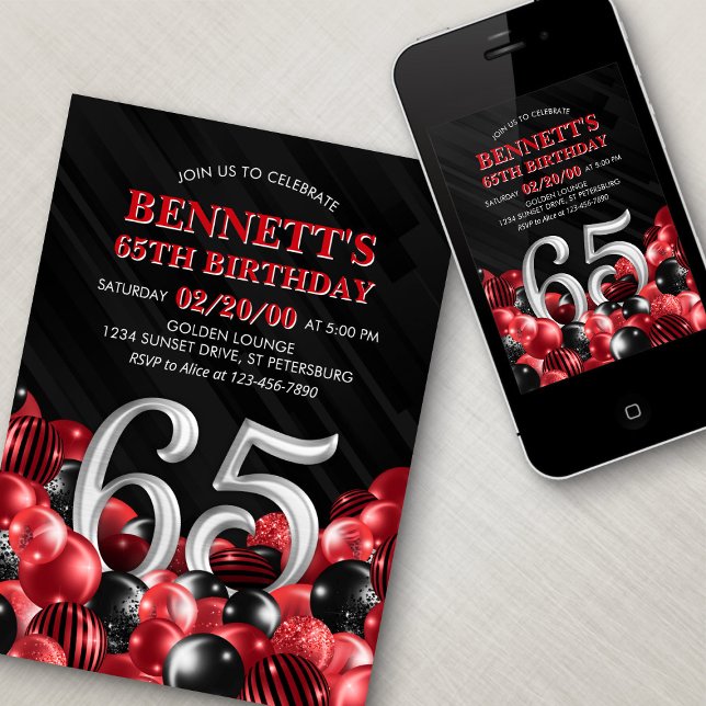 Balloons Red 65h Birthday Invitation (Creator Uploaded)