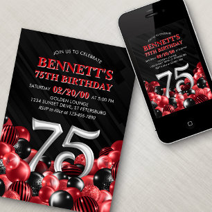 Balloons Red 75th Birthday Invitation