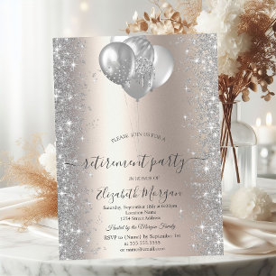 Balloons Silver Sparkle Diamonds Ivory Retirement Invitation