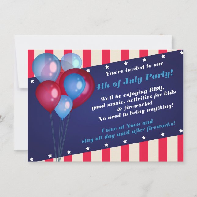 Balloons & Stripes 4th of July Party Invitations (Front)