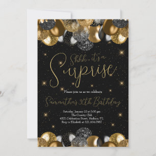 Balloons Surprise Birthday Black Gold Glitter Invitation