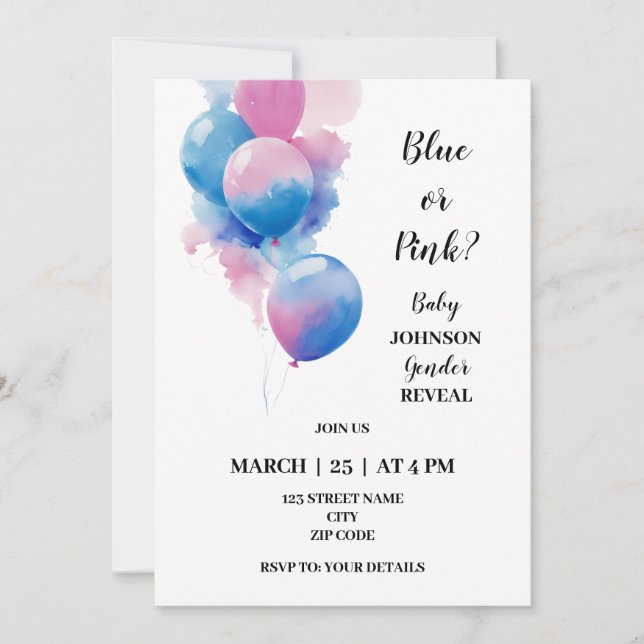 Balloons themed gender reveal invitation (Front)