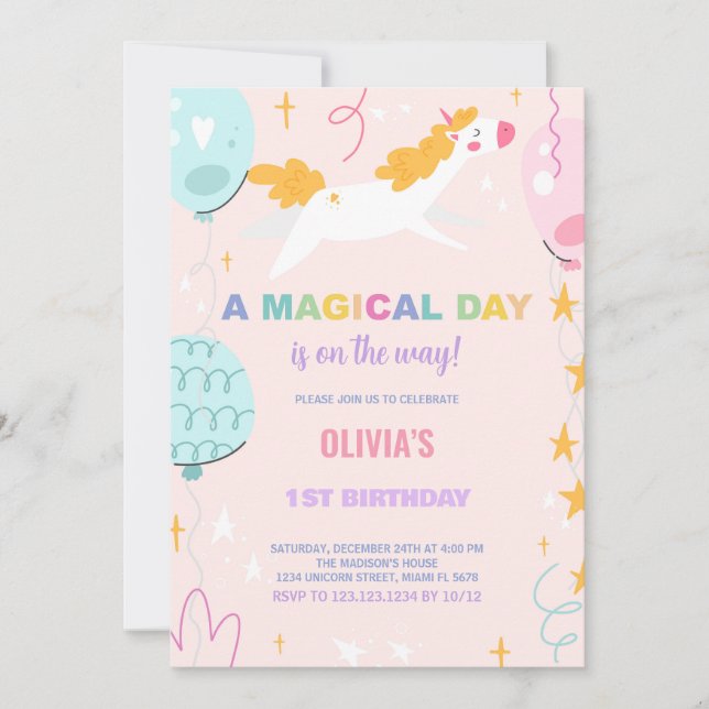 Balloons Unicorn Birthday Invitations (Front)