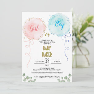 Balloons Watercolor Gender Reveal Party Invitation