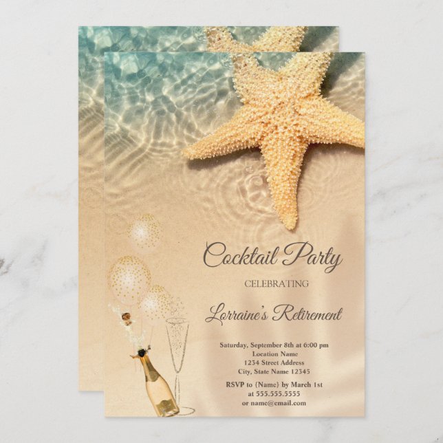 Balloons,Wine Glass Seastar Beach Retirement Invitation (Front/Back)