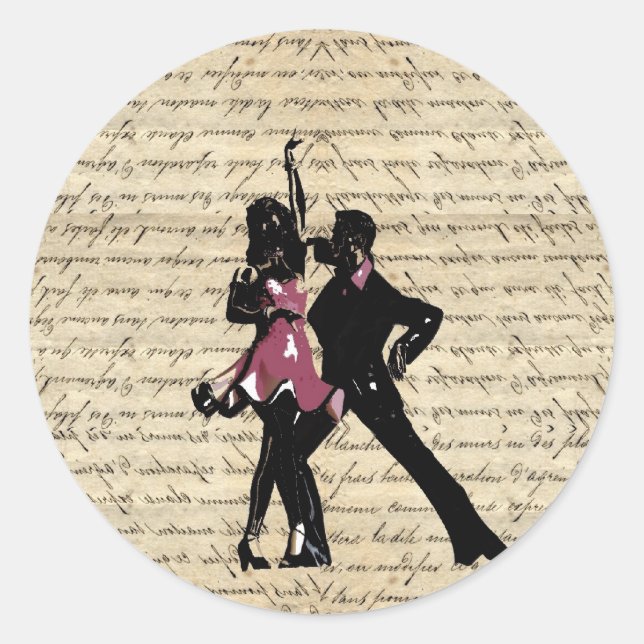 Ballroom dancers on vintage paper classic round sticker (Front)