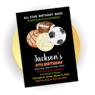 Balls Black Orange Sports Birthday Invitations