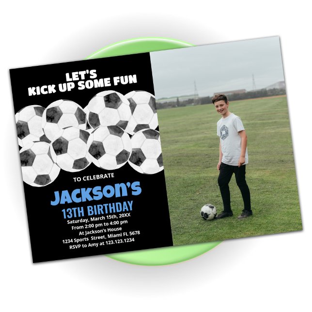 Balls Black Soccer Birthday Invitations with photo (Creator Uploaded)