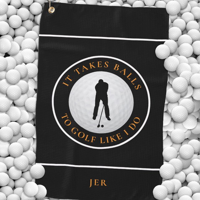 Balls Humour Golfer Sports Monogrammed Black Orang Golf Towel (Creator Uploaded)