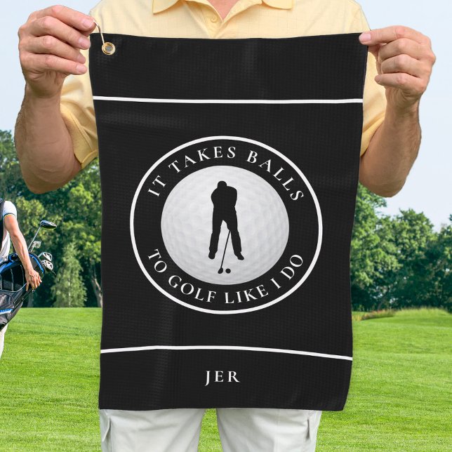 Balls Humour Golfer Sports Pun Monogrammed Black Golf Towel (Creator Uploaded)