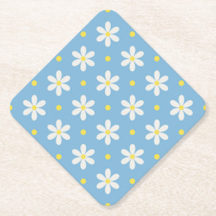 Baltic Sea Blue & Cloud Dancer Daisy Floral Paper Coaster