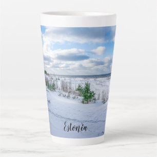 Baltic sea coast covered in snow in winter latte mug