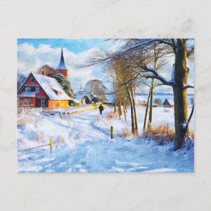 Baltic sea village in winter. Man walking. Art Postcard