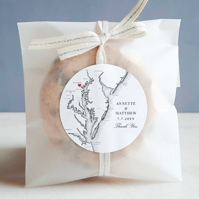 Baltimore Maryland Black White Wedding Favour Classic Round Sticker (Baltimore MD Wedding Favor Sticker with Elegant black and white Chesapeake Bay map)
