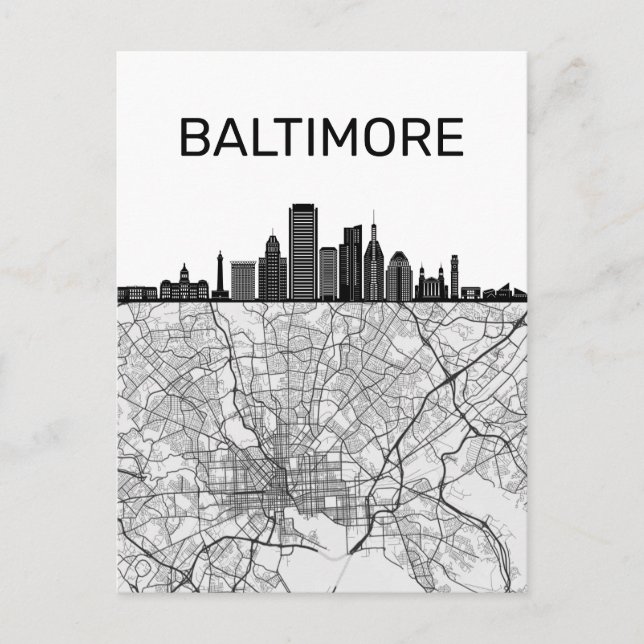 Baltimore Maryland City Skyline With Map Postcard (Front)